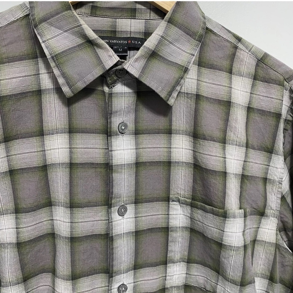 John Varvatos Shirt Mens Medium Gray Green Plaid Long Sleeve Button Up Casual